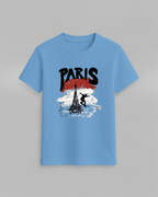 Paris Skateboard Graphic T-Shirt in light blue cotton featuring a black skateboarder silhouette and Eiffel Tower with French flag colors