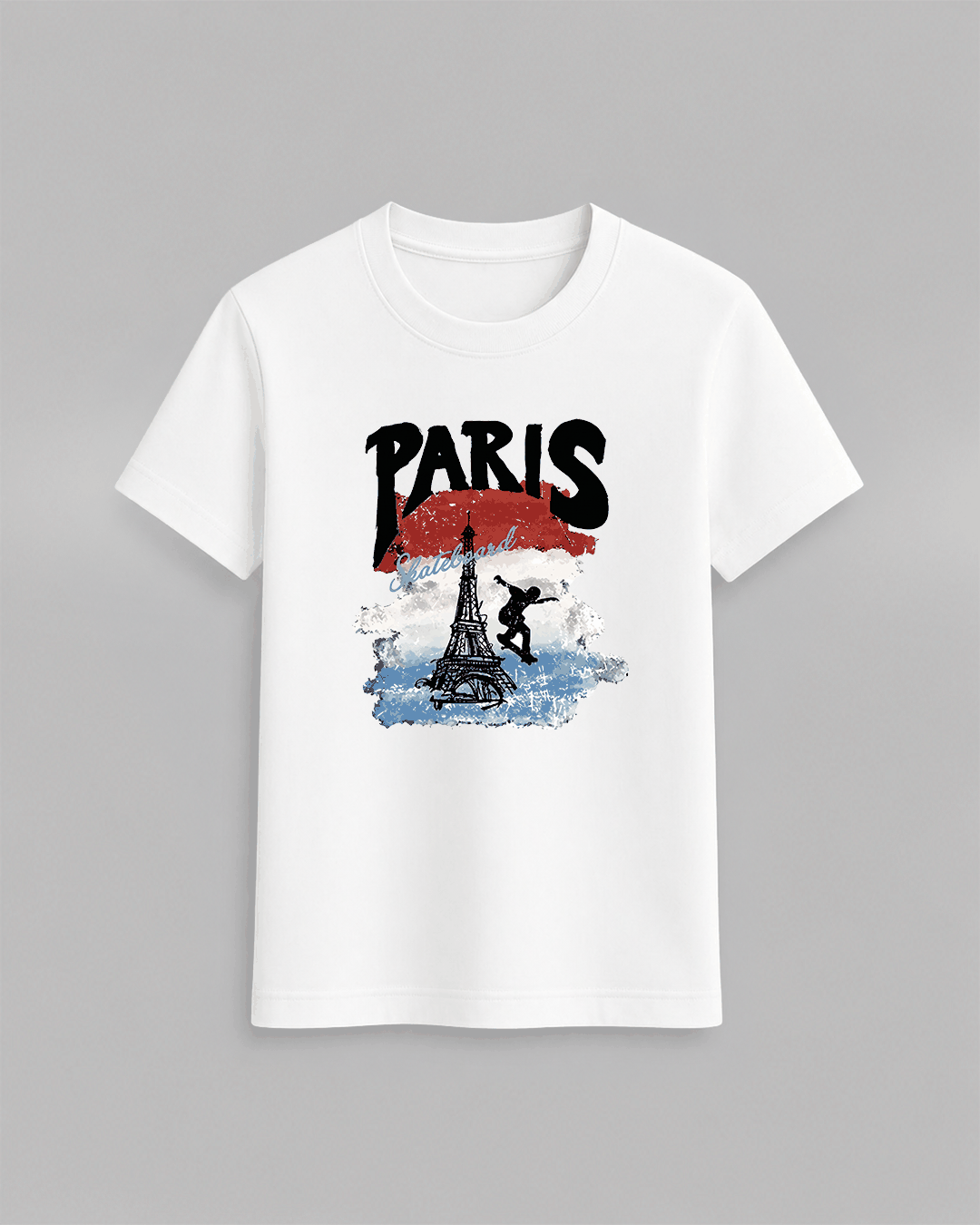 White Paris Skateboard Graphic T-Shirt with Eiffel Tower and skateboarder silhouette in red, white, and blue print