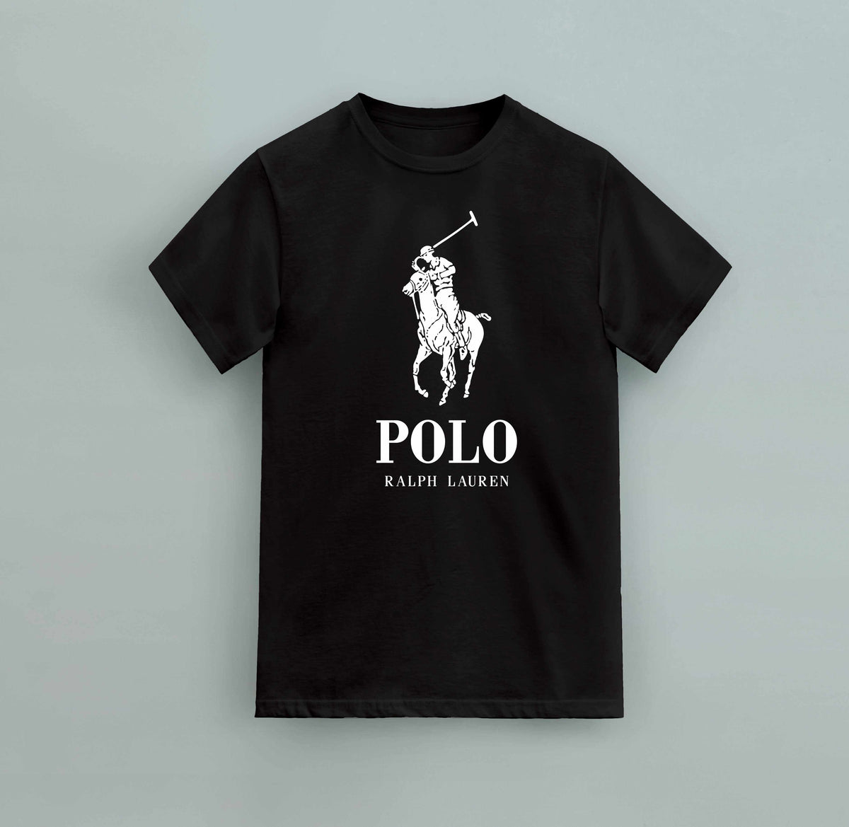 Black cotton Polo Assn Logo Graphic T-Shirt featuring a large white polo player and horse graphic with the text POLO Ralph Lauren below it