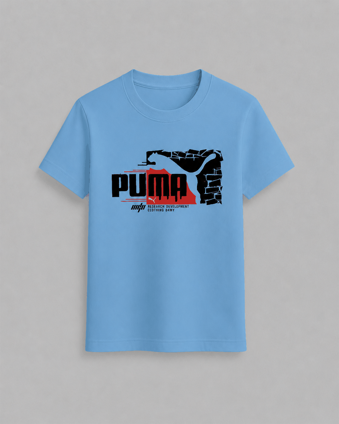 Puma T-Shirt in light blue cotton featuring a bold black and red graffiti-style Puma logo graphic on front