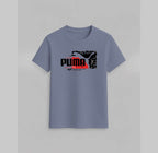 Puma T-Shirt in muted blue cotton with black and red graphic print featuring fragmented brick wall design