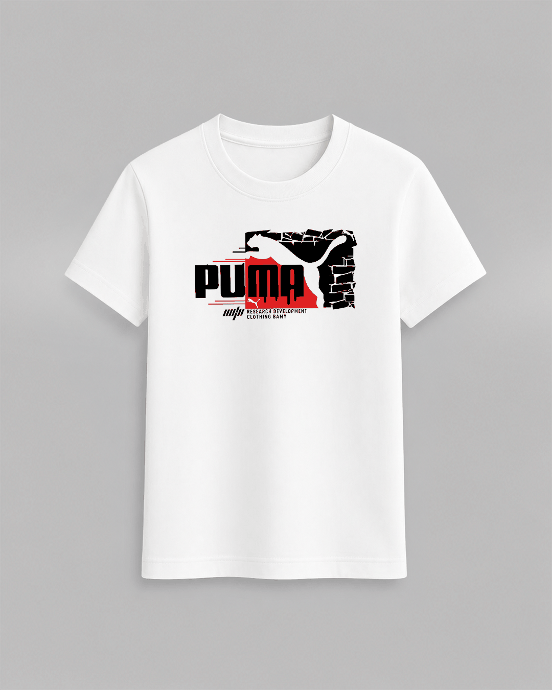 Puma T-Shirt in white 100% cotton featuring a bold black and red graphic design with the word Puma and abstract elements