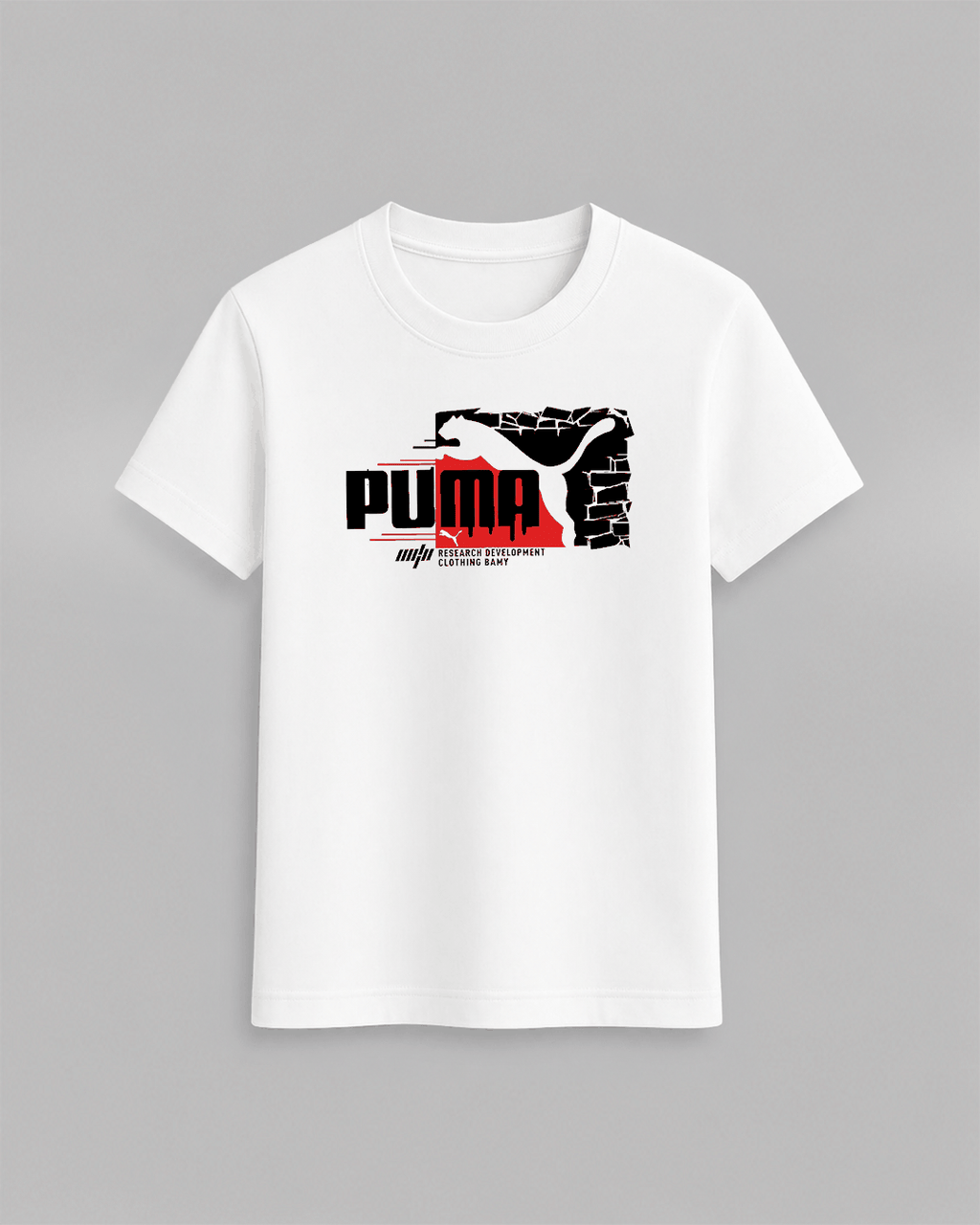 Puma T-Shirt in white 100% cotton featuring a bold black and red graphic design with the word Puma and abstract elements