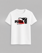 Puma T-Shirt in white 100% cotton featuring a bold black and red graphic design with the word Puma and abstract elements