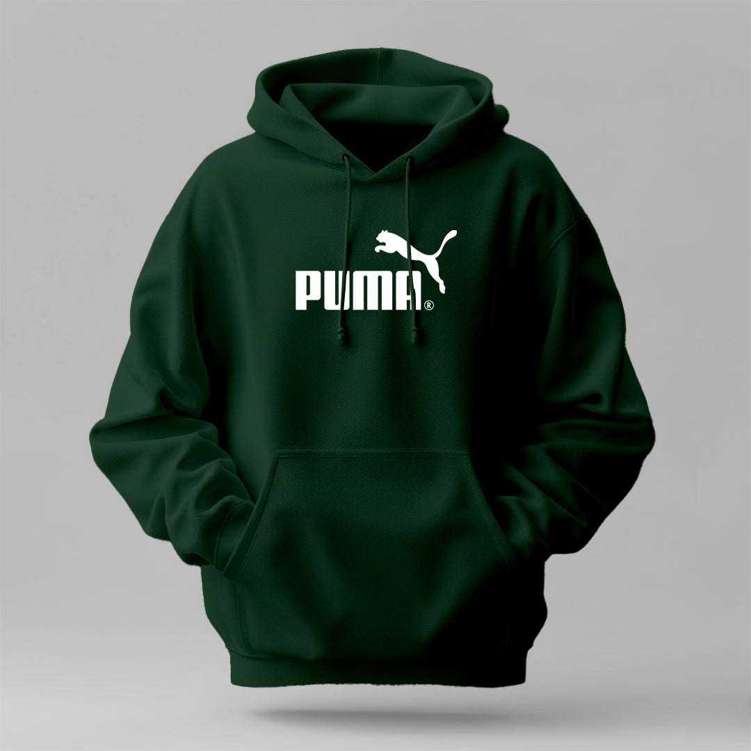 PUMA - Winter Regular Fit Hoodie in dark green cotton with white logo, drawstring hood and kangaroo pocket