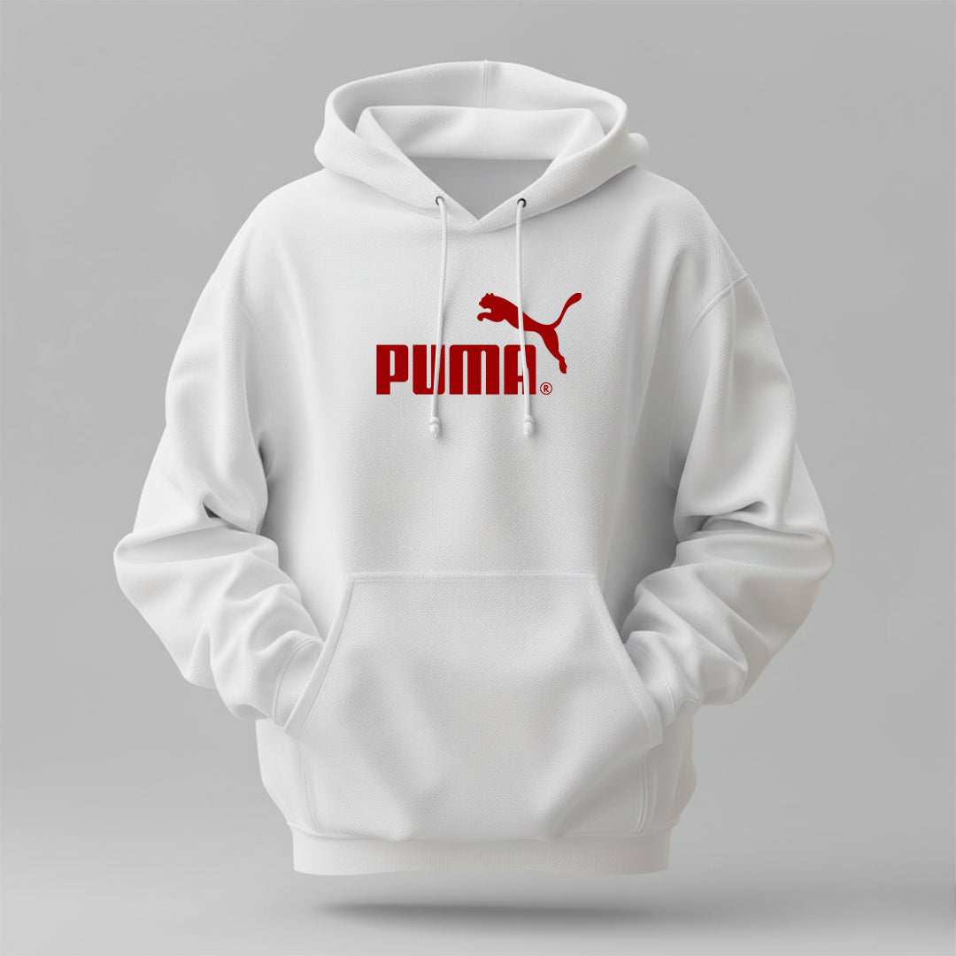 PUMA - Winter Regular Fit Hoodie in white cotton with red PUMA logo, drawstring hood and kangaroo pocket