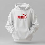PUMA - Winter Regular Fit Hoodie in white cotton with red PUMA logo, drawstring hood and kangaroo pocket