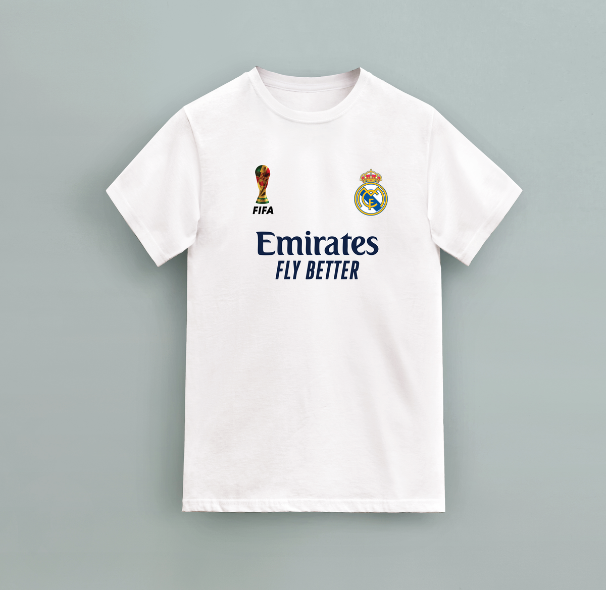 Real Madrid Regular T-shirt in white cotton with FIFA trophy, club crest, and Emirates Fly Better graphic
