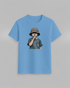 The cap boy T-Shirt in light blue cotton featuring a graphic of a boy wearing a brown bucket hat with finger on lips
