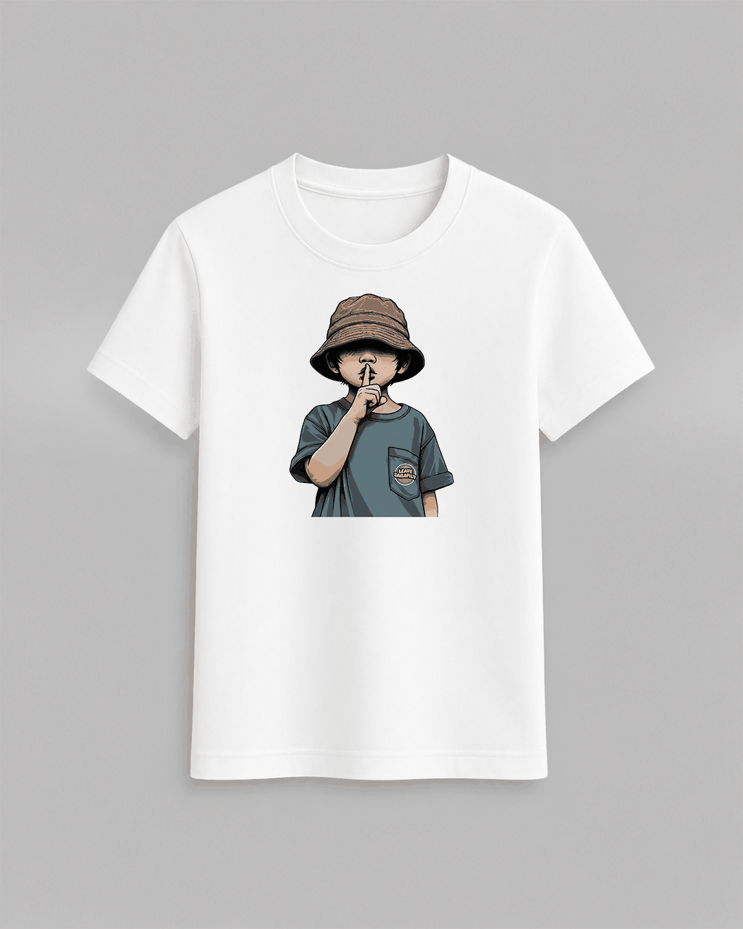 The cap boy T-Shirt in white cotton featuring a graphic of a boy in a brown cap making a shushing gesture