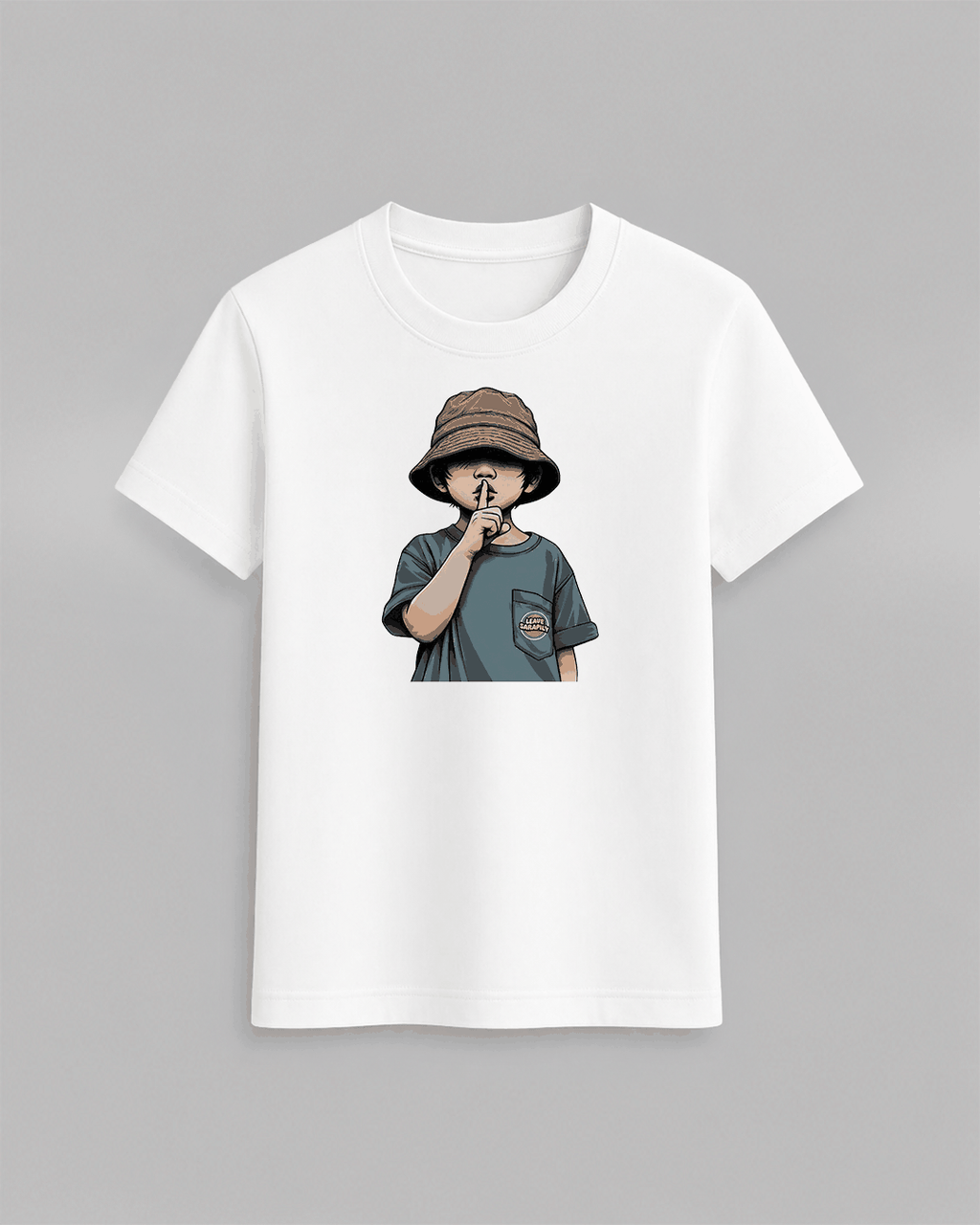 The cap boy T-Shirt in white cotton featuring a graphic of a boy in a brown cap making a shushing gesture