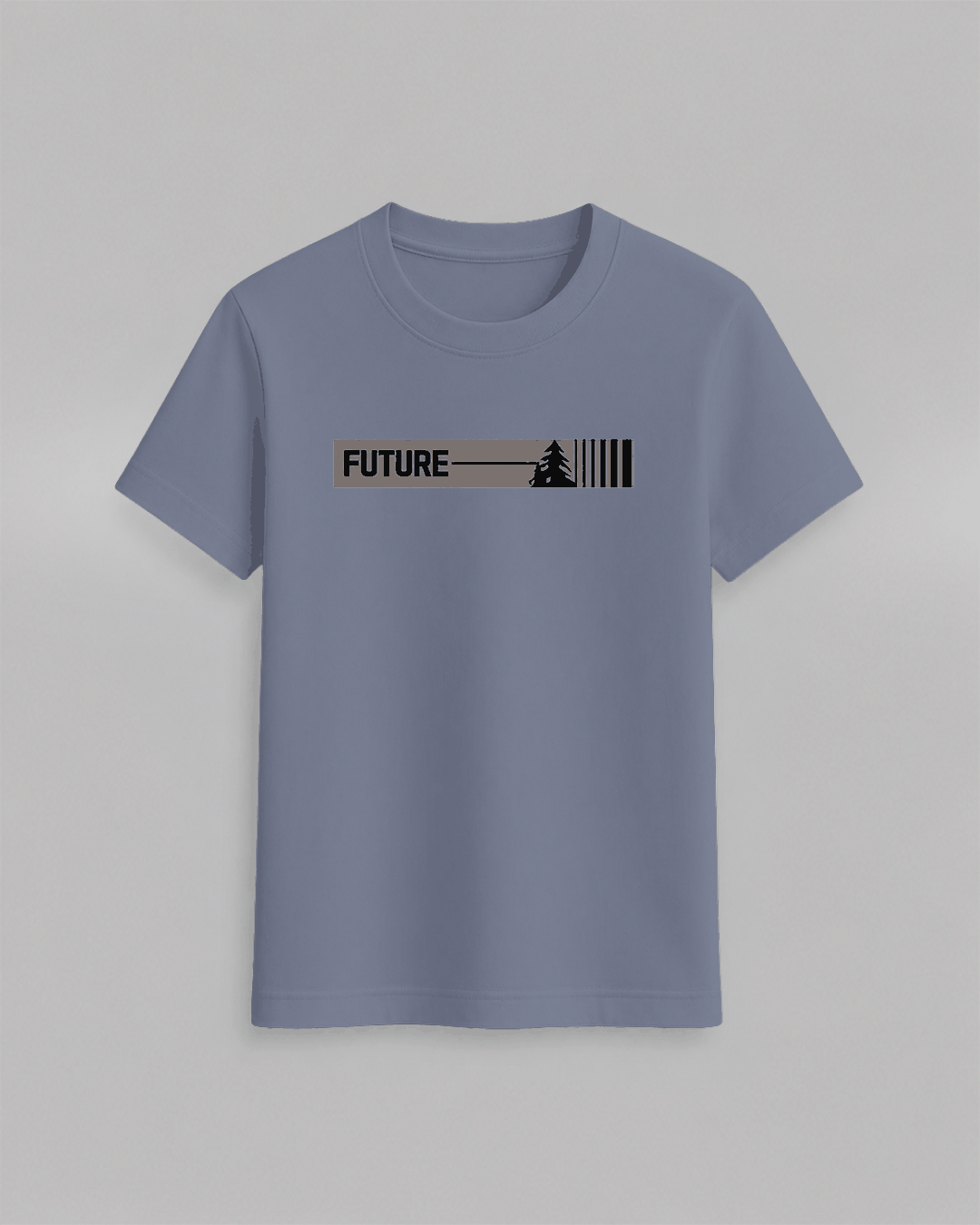 The Future T-Shirt in muted blue cotton with a minimalist black graphic featuring the word FUTURE and a pine tree silhouette