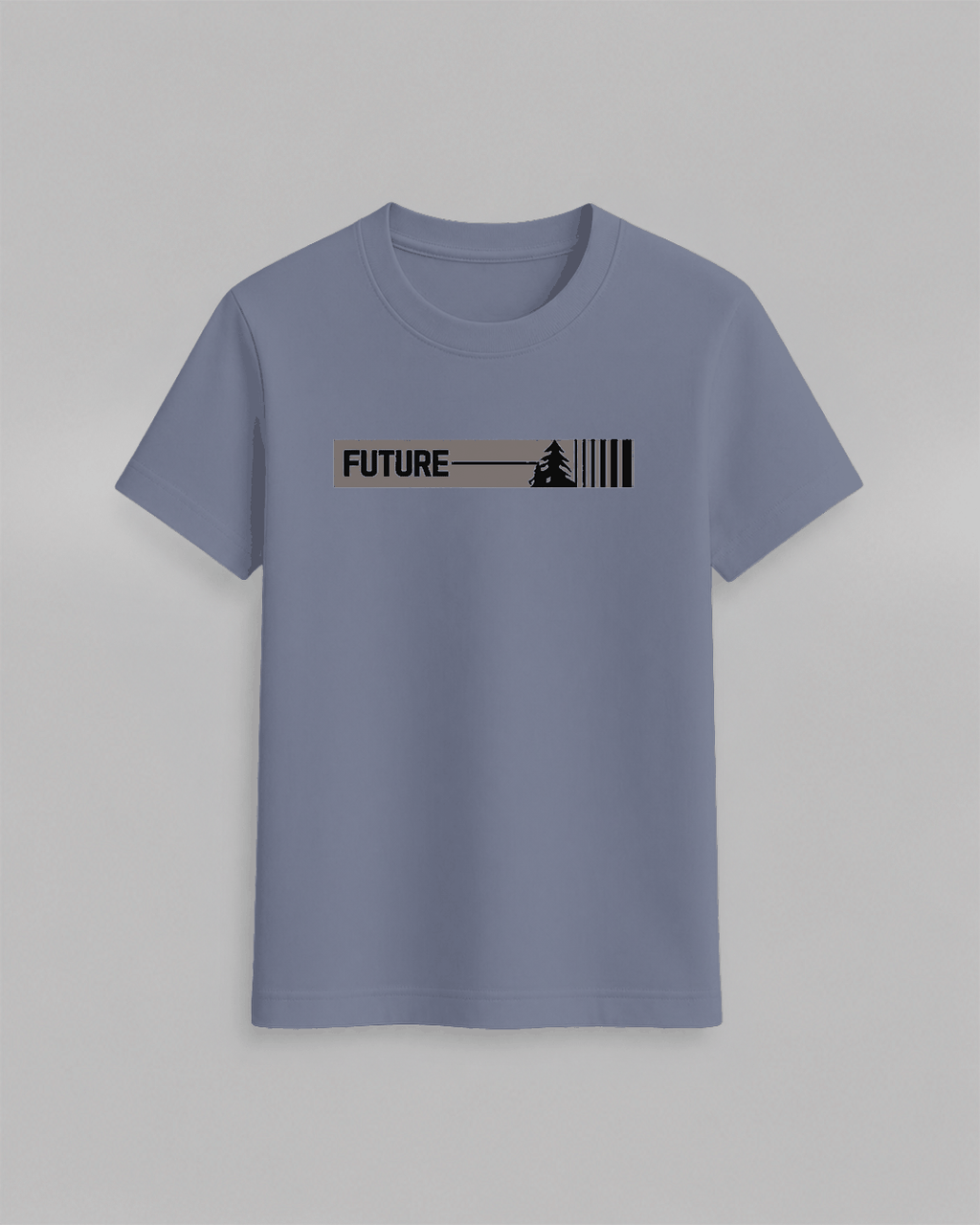 The Future T-Shirt in muted blue cotton with a minimalist black graphic featuring the word FUTURE and a pine tree silhouette