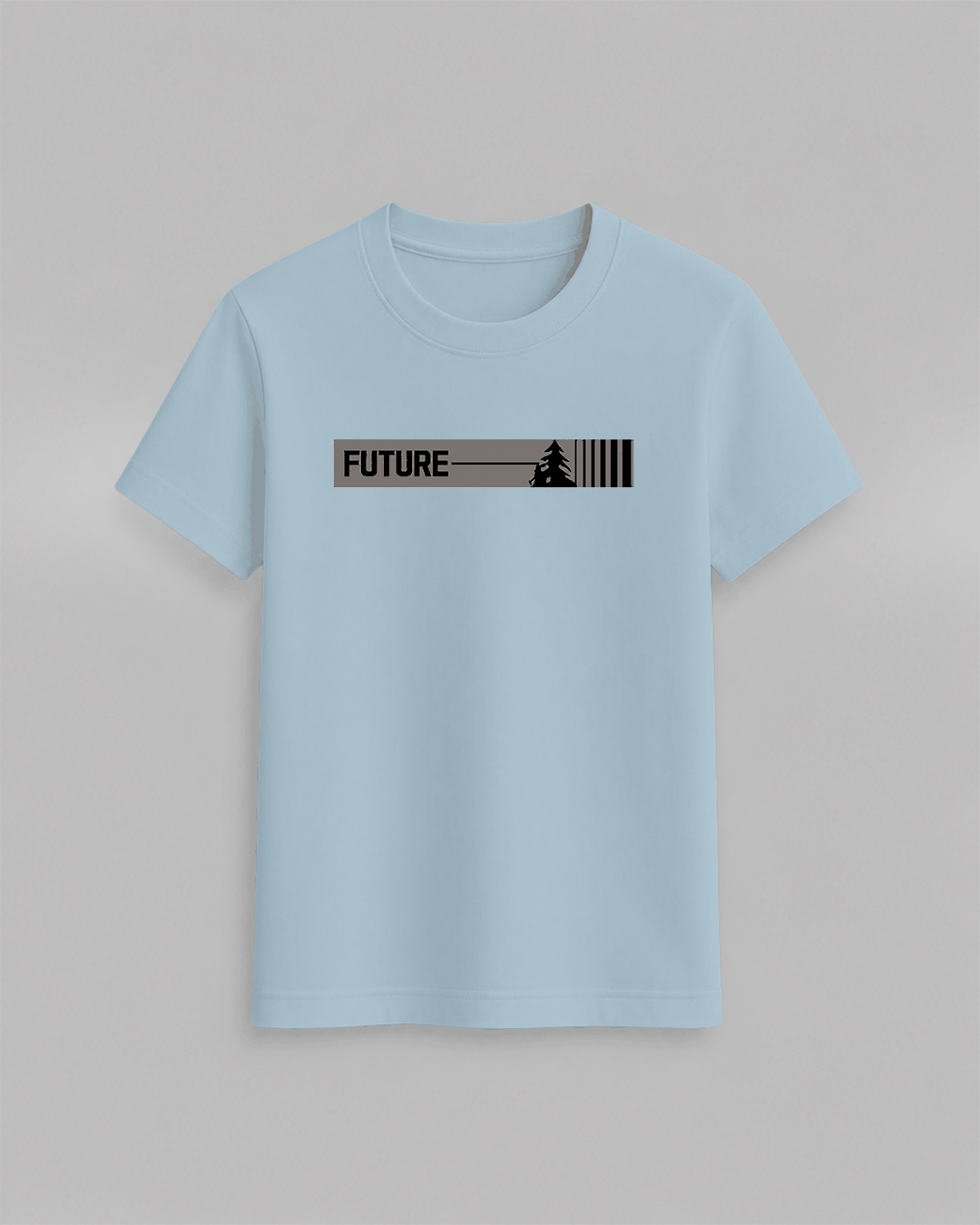 The Future T-Shirt in light blue cotton with a minimal black graphic design featuring the word FUTURE and a tree silhouette