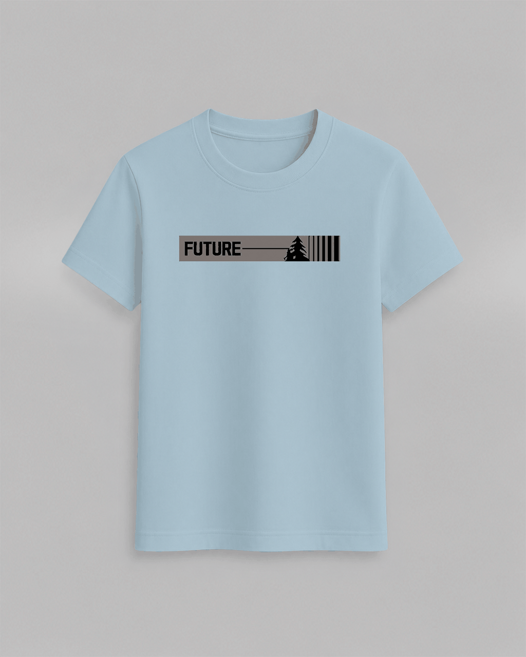 The Future T-Shirt in light blue cotton with a minimal black graphic design featuring the word FUTURE and a tree silhouette
