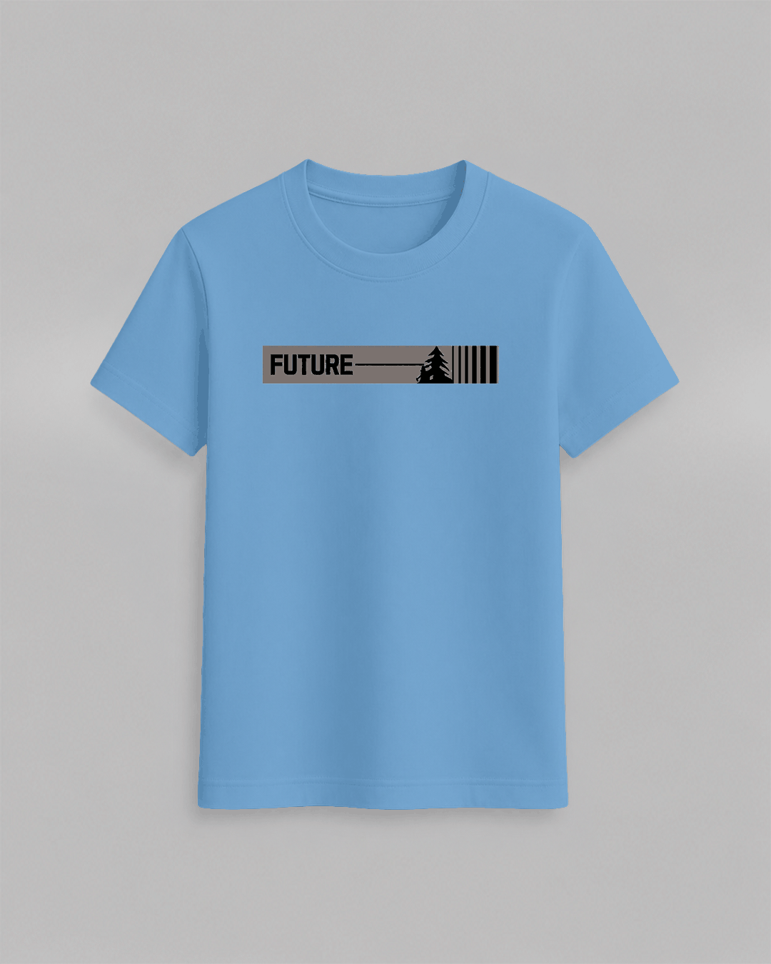 The Future T-Shirt in light blue cotton with a black minimal graphic design featuring the word FUTURE and a tree symbol
