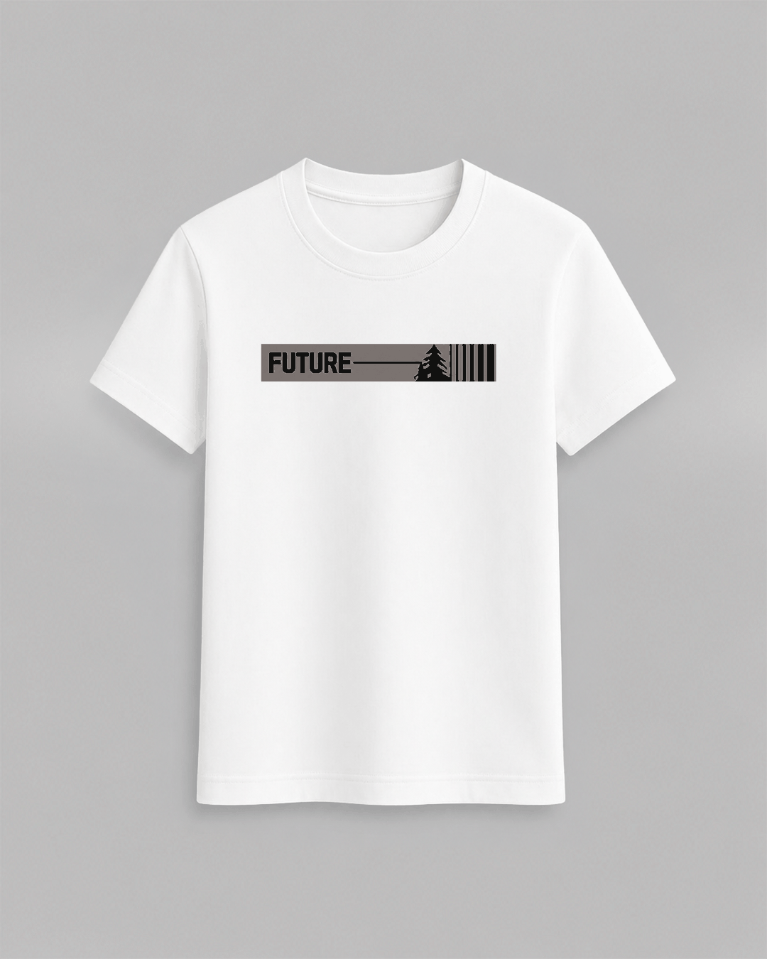 The Future T-Shirt in white cotton featuring a minimalist black graphic with the word FUTURE and tree design on front