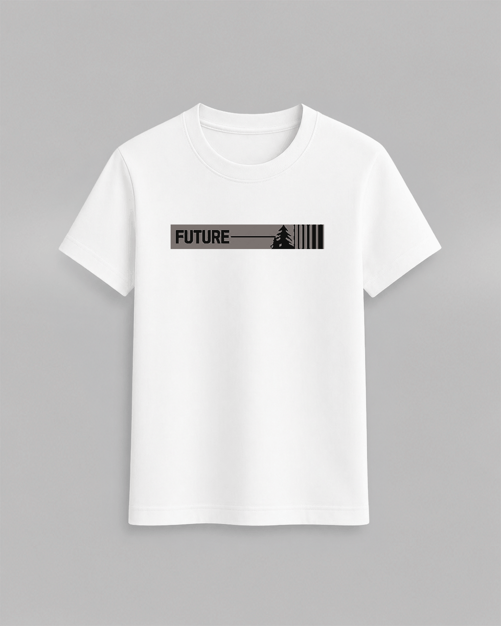 The Future T-Shirt in white cotton featuring a minimalist black graphic with the word FUTURE and tree design on front