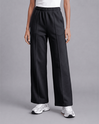 Women's Wide Leg Pants in black with elastic waistband and visible seam details, featuring a relaxed fit and straight leg cut
