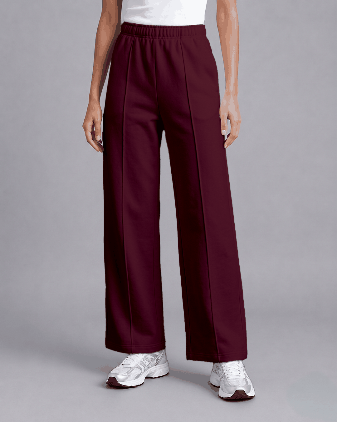 Women's Wide Leg Pants in burgundy color with a high elastic waistband and relaxed fit through the legs