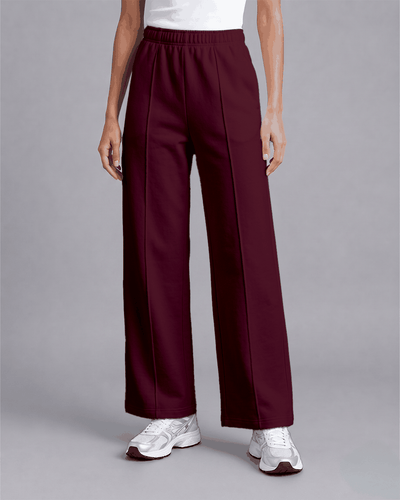 Women's Wide Leg Pants in burgundy color with a high elastic waistband and relaxed fit through the legs