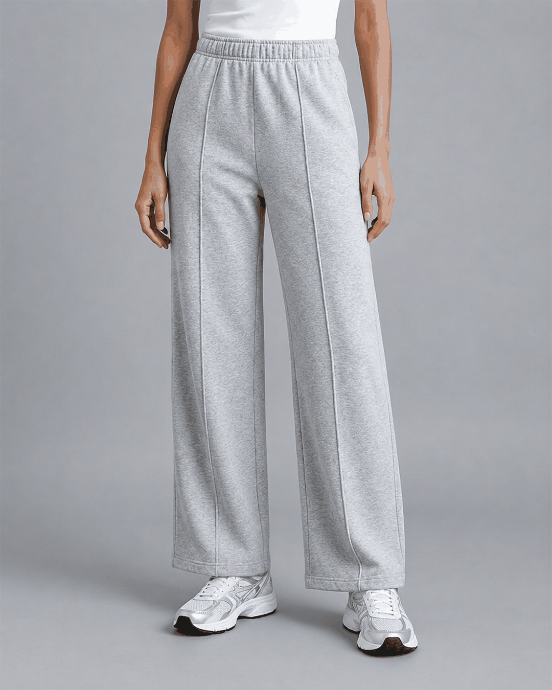Women's Wide Leg Pants - silver styled with soft heather gray fabric and elastic waistband for comfortable casual wear